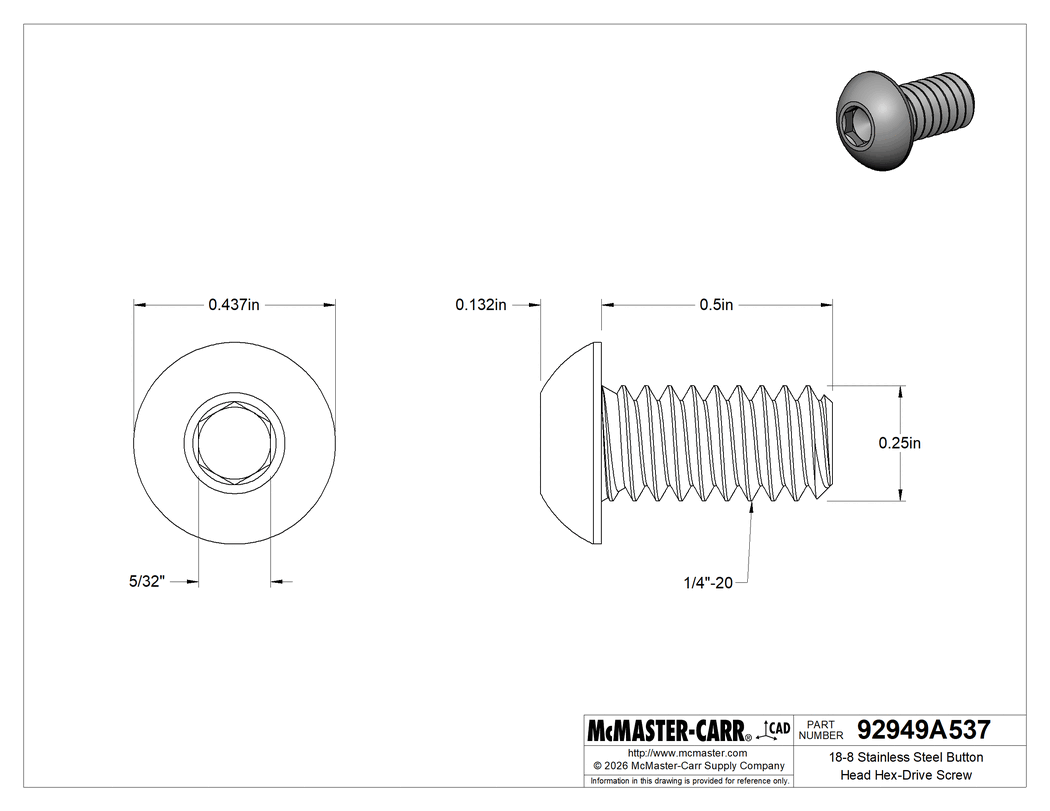 Technical Drawing of 18-8 Stainless Steel Button Head Hex-Drive Screw, 1/4"-20 Thread Size, 1/2" Long.